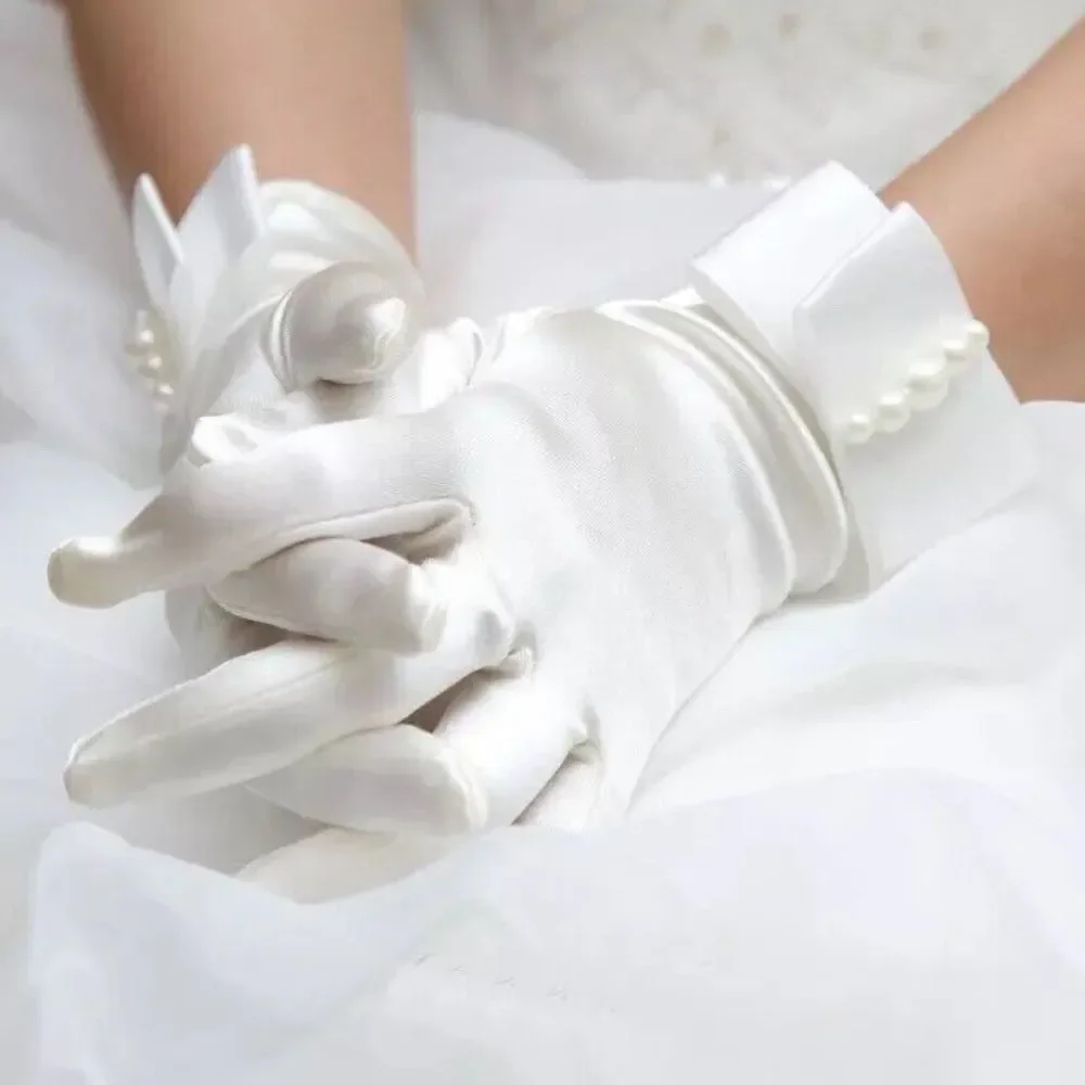 Wedding Bridal Short Gloves White Bow Stretch Satin Evening Party Opera Prom
